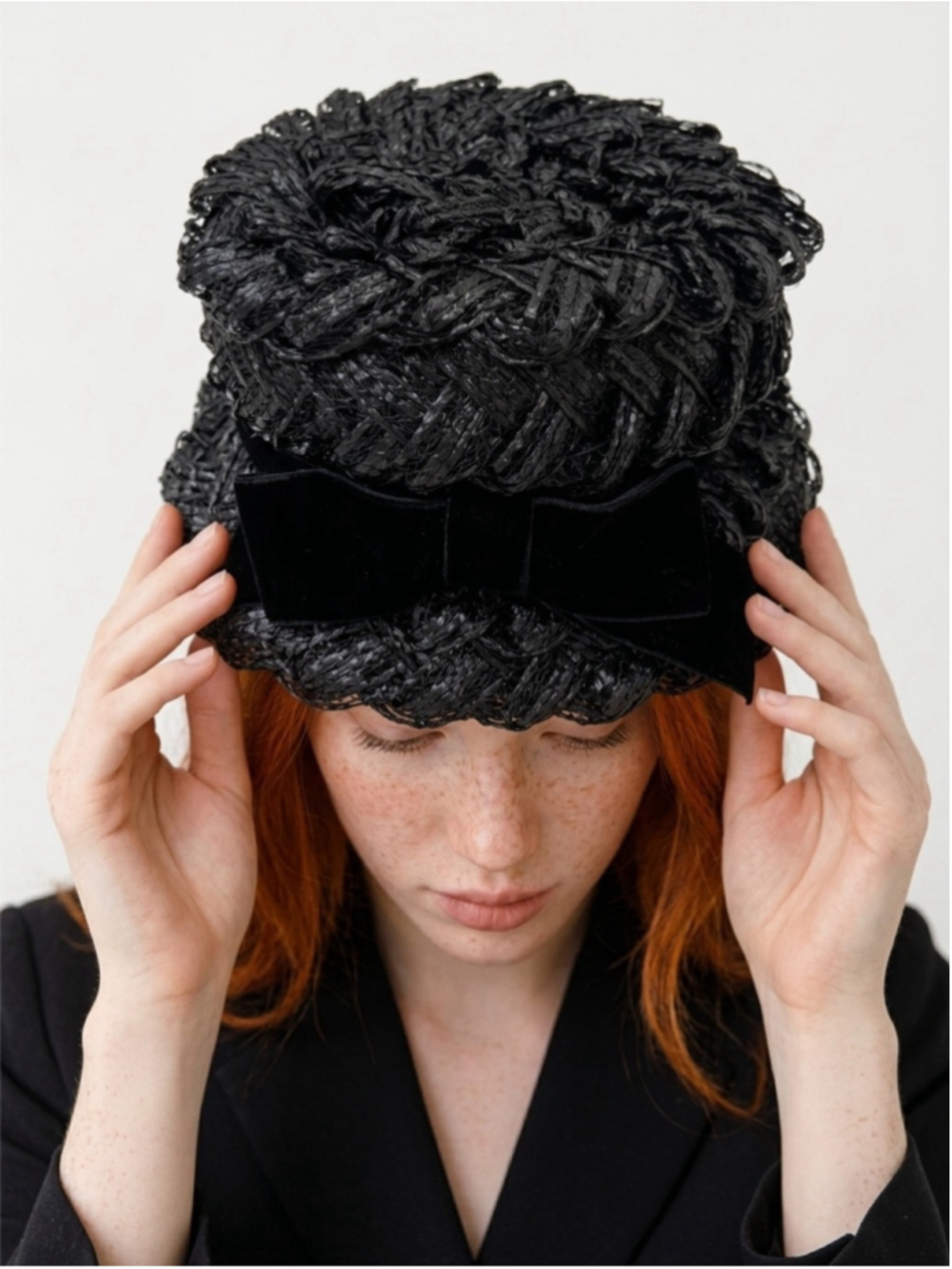 Vintage 50s Black Braided Straw Hat with Velvet Bow